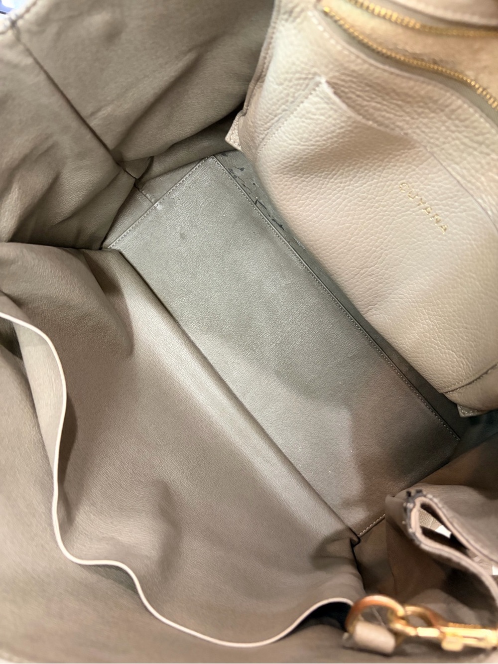 Cuyana Trapeze Pebbled Leather Satchel Flap Tote Taupe Top Handle Crossbody - Picture 5 of 16